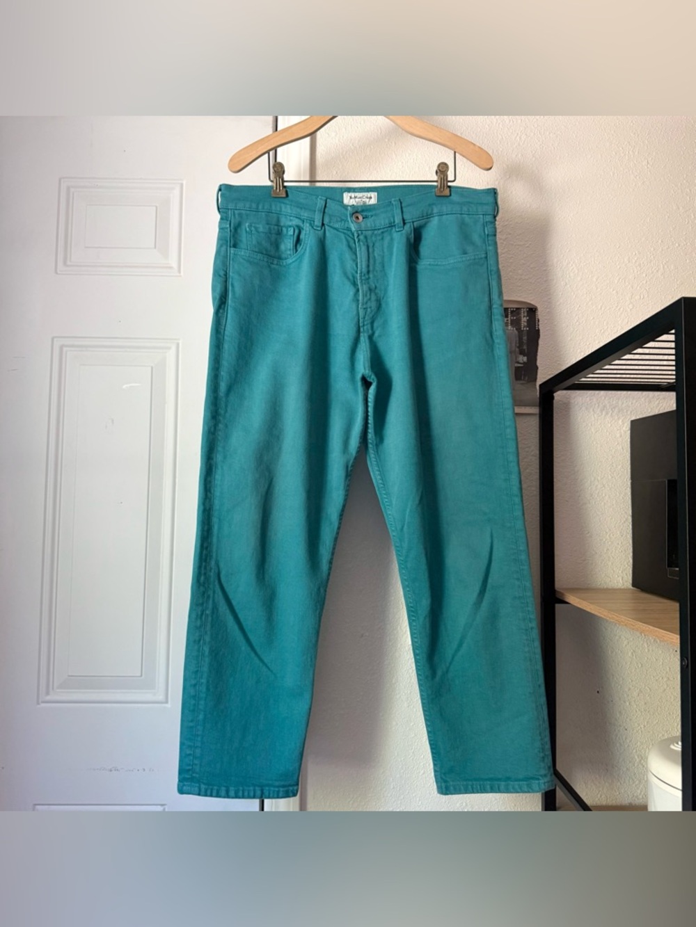 YMC you must create teal blue green cotton denim straight leg jeans